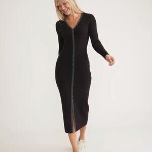 Marine Layer Lexi Rib Midi Sweater Dress in Black & Green Trim